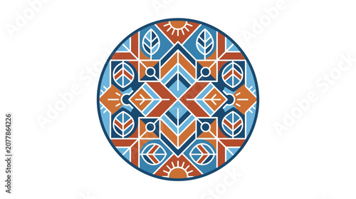 Circular geometric folk pattern with nature motifs.