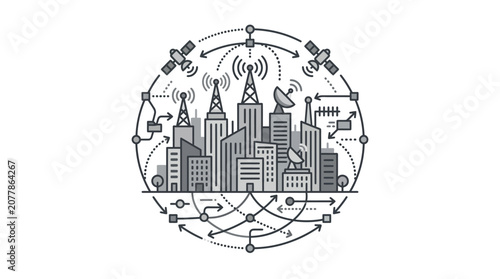 Circular global network connecting metropolitan skyscrapers and satellites