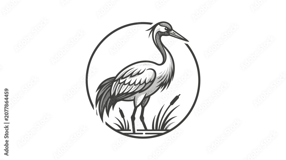 Naklejka premium Circular heron emblem with aquatic plants
