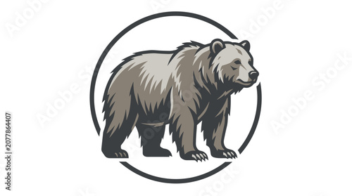 Circular grizzly bear emblem in vintage woodcut style.