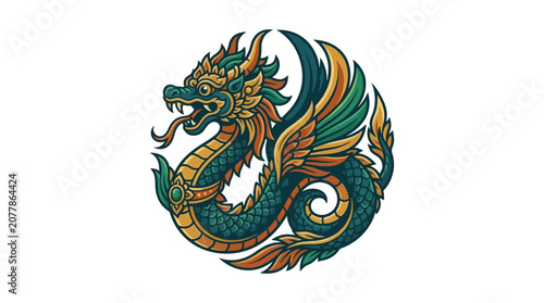 Circular green winged dragon in traditional Asian style.
