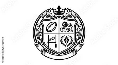 Circular heraldic rugby crest with lion and shield symbols