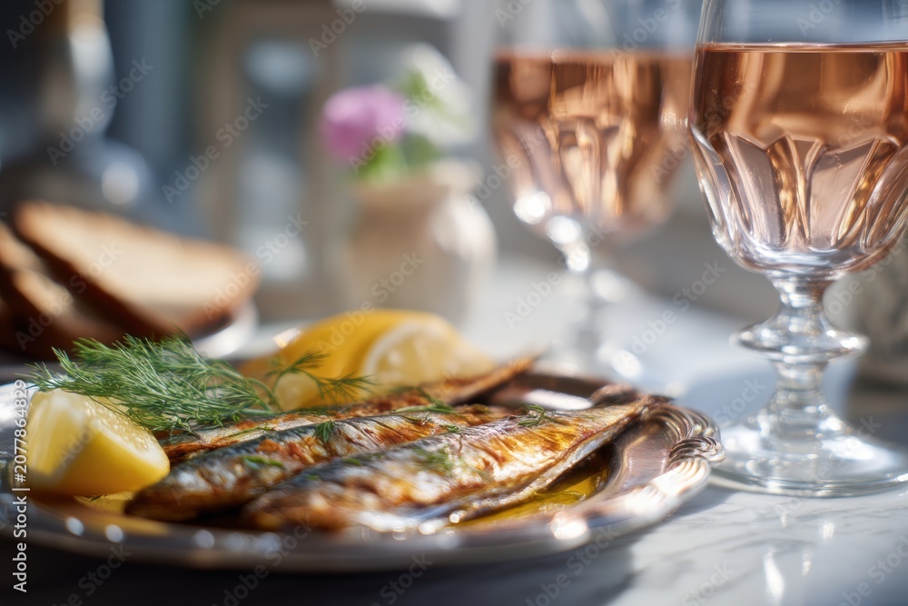 Fototapeta premium Grilled fish on plate with lemon and dill served with glass of rose wine. Healthy mediterranean seafood dinner on restaurant table. Culinary concept for romantic date or holiday meal.