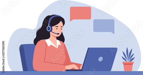 Canvastavla Customer service woman in headset with laptop flat vector illustration