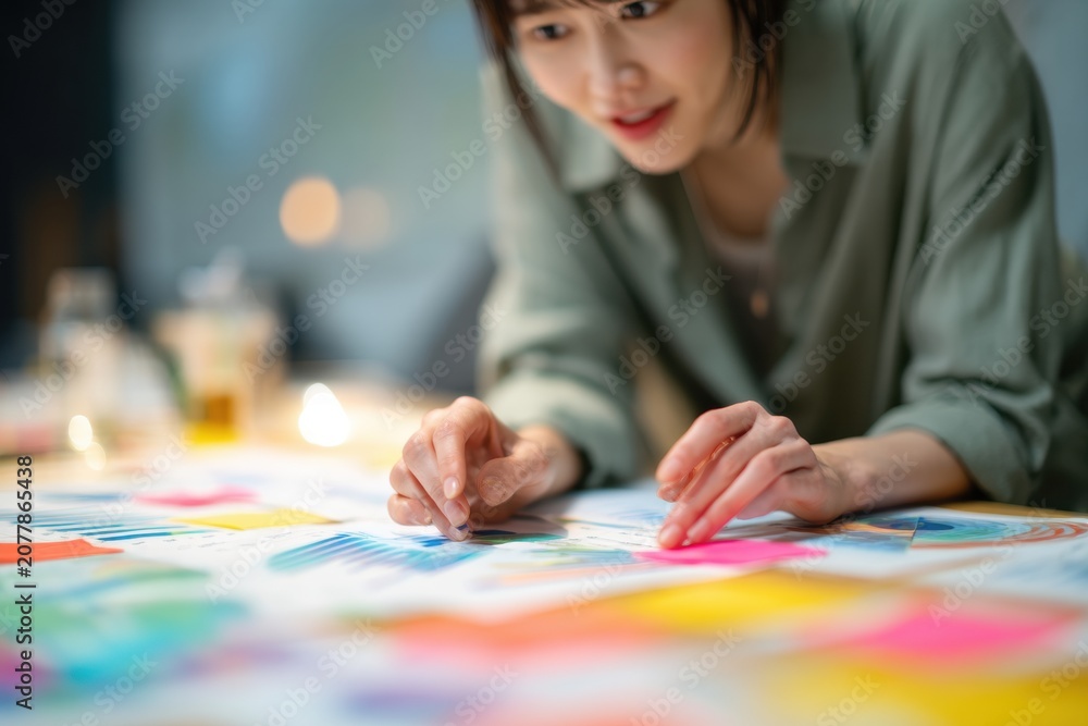 Fototapeta premium Woman designer working with colorful sticky notes on business plan. Creative office worker analyzing project data charts. Brainstorming, strategy meeting and innovation startup concept.