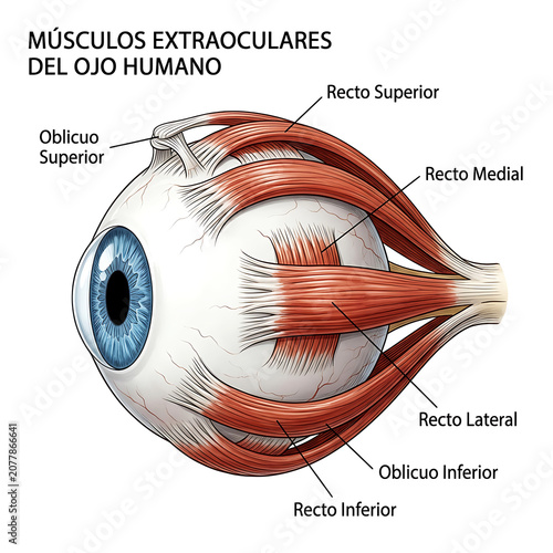 Human eye anatomy with extraocular muscles labeled