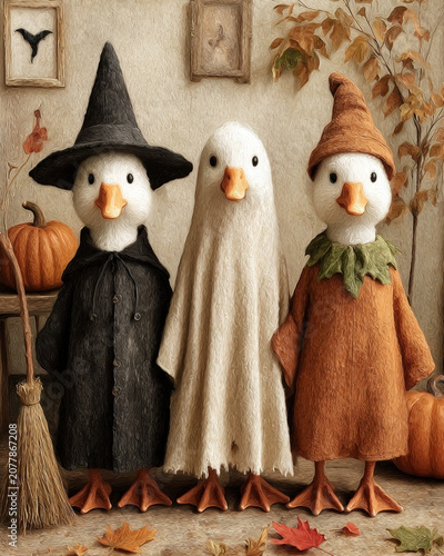 three festive geese in halloween costumes inside cozy rustic farmhouse autumn interior, storybook illustration style