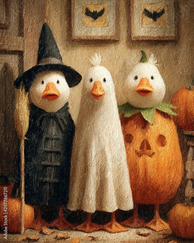 three festive geese in halloween costumes inside cozy rustic farmhouse autumn interior, storybook illustration style