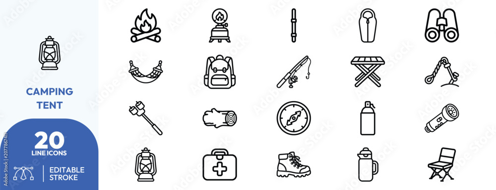 Naklejka premium Wilderness Expedition Gear icon set. Containing lantern, campfire, backpack, fishing rod, tent, hiking boots, camp stove, binoculars, sleeping bag, axe. Editable stroke. Vector illustration.