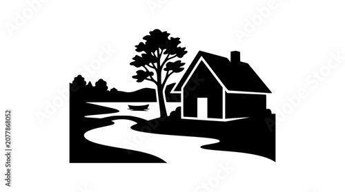 Silhouette Illustration of a Scenic Cabin by a River and Lake