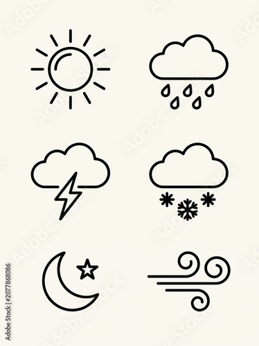 Minimalist Weather Icon Set with Sun Rain Thunder Snow Night and Wind Outline Design