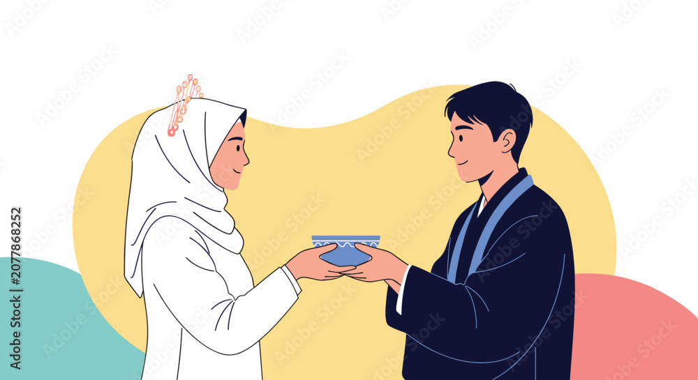 Fototapeta premium Young Muslim couple dressed in traditional attire sharing a drink or meal while holding a blue bowl in a symbolic gesture of unity.