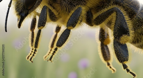 Extreme Macro Close Up of Furry Honey Bee Legs and Body in Nature
