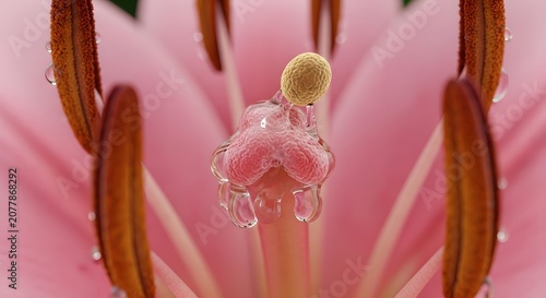 Extreme Macro of Flower Pistil and Pollen Grain with Clear Fluid Droplets