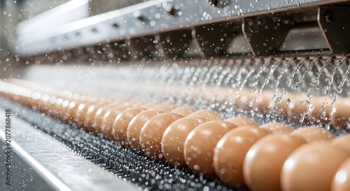 Automated Egg Washing Machine Spraying Water on Chicken Eggs Conveyor Line