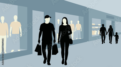 Tableau sur toile Stylized illustration of people shopping in a modern mall