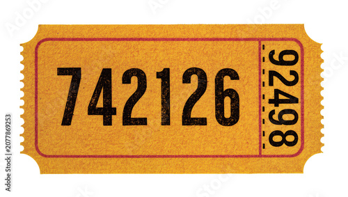 Quadro su tela Yellow raffle ticket with red border and numbers 742126 and 92498, isolated on t