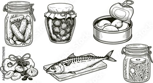 Vintage engraved preserved foods collection featuring pickles jam canned fish dried fruits and vegetables