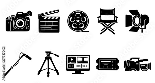 Photos Filmmaking equipment icons set camera clapperboard film reel director's chair an
