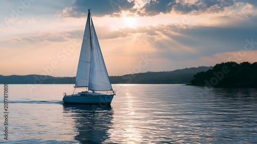 A colorful sailboat glides across calm water under soft afternoon sunlight creating a serene and wondrous seascape
