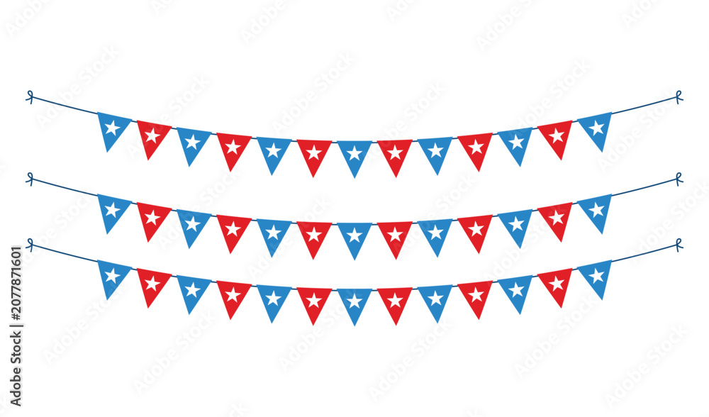 Obraz premium Colorful red blue triangular pennant banner with white stars Vector