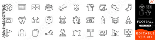 Football Line Icons Set – Soccer Outline Vector Collection, Sports Editable Stroke Symbols, Stadium, Ball, Goal, Referee, Trophy, UI and Web Icon Pack