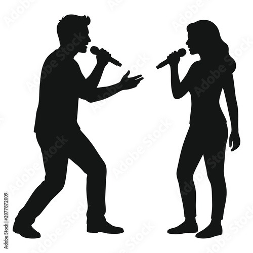 Silhouette of man and woman singing with microphones in hand facing each other icon