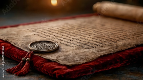 Ancient papal bull document with a lead seal on a cushion