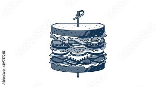 Foto Tall layered sandwich on white background, food illustration, stacked ingredient
