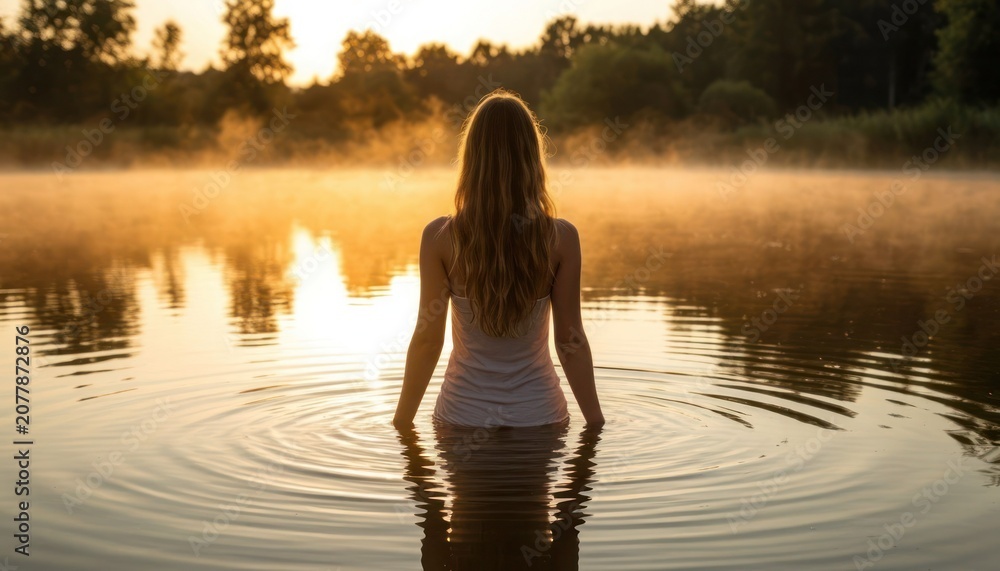 Fototapeta premium Woman Standing in a Quiet Pond at Sunset