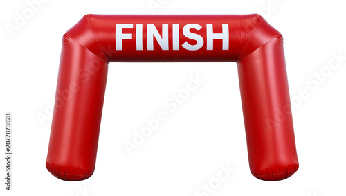 Red inflatable finish line arch with white text, isolated on transparent background