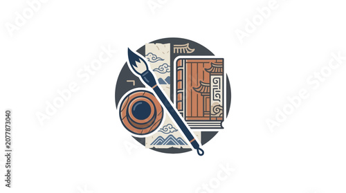 Tableau sur toile Traditional Asian Art Supplies: Brush, Ink, Book, and Scroll Elements