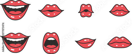 Foto Red lips illustration collection featuring mouth expressions, smiling, puckered,