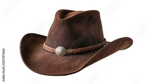 Cuadro en lienzo Brown suede cowboy hat with braided leather band and silver concho, isolated on