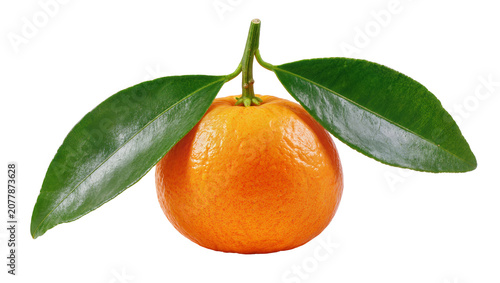 Foto Bright orange tangerine with green leaves, isolated on transparent background