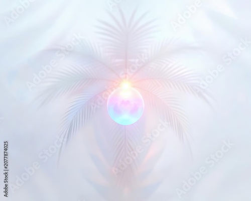 Green palm with reeded glass. Plant leaves. White Reeded Glass. Beautiful tree decor on blurred template. Ribbed Background. Zen-inspired empty design with realistic blank space.
