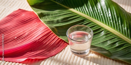 Close up of Vibrant Banana Leaves With a Glass of Water in a Serene Setting for Natural and Tropical Themes