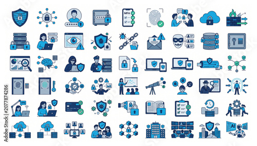 Comprehensive set of data privacy and cybersecurity vector icons with security protection internet encryption technology password identity authentication verification biometric firewall