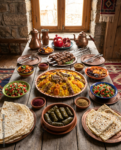 Traditional Azerbaijani Cuisine on Rustic Wooden Table