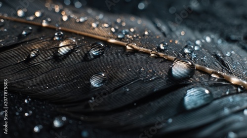 Dark feather with clear water droplets. Close up of plumage texture with dew. Concept of nature, minimalism, purity, and morning freshness. Macro background for graphic design.