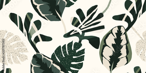Light abstract tropical leaves pattern. Botanical contemporary seamless pattern. Hand drawn unique print.