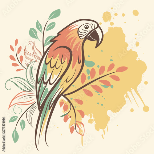 Fotografija Colorful parrot sitting on a branch with leaves and flowers colorful illustratio