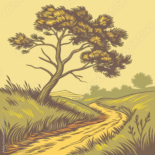 Valokuva Illustration of a large tree on a hillside with a stream hillside landscape envi