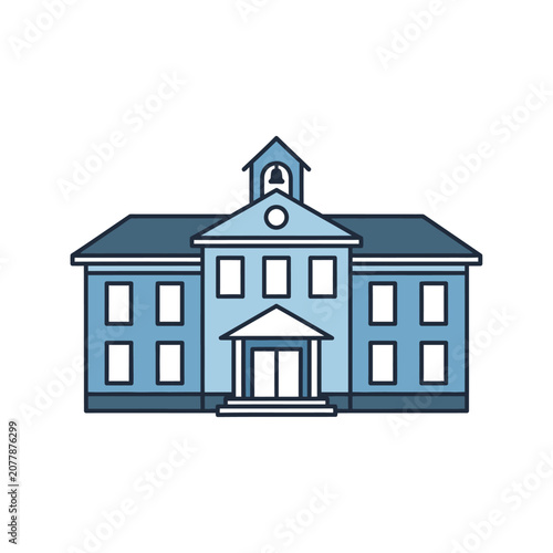 Simple blue schoolhouse icon with bell tower and columns on white background