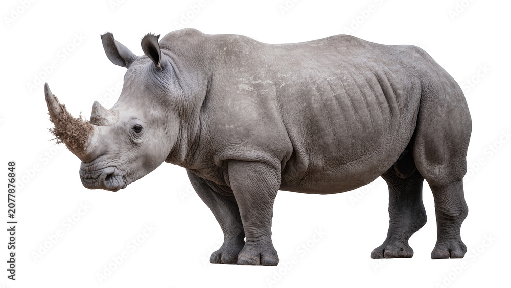 Obraz premium Massive grey rhinoceros with large horn, isolated on transparent background