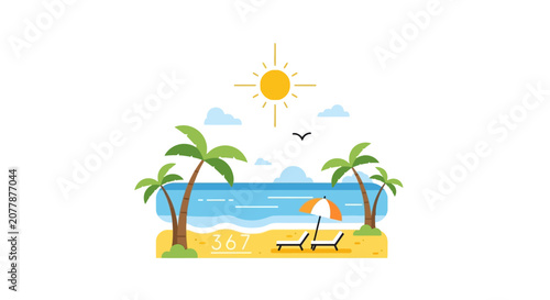 Tropical beach scene with sun and palm trees illustration.