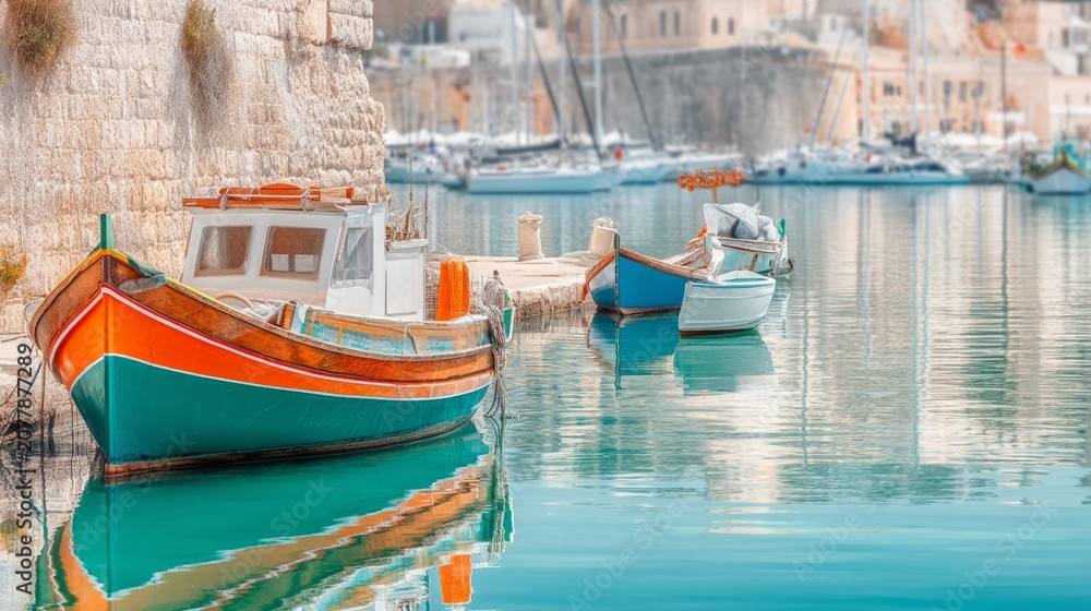 Fototapeta premium Colorful Sicilian Luzzu Boats Docked by the Tranquil Fishing Harbor
