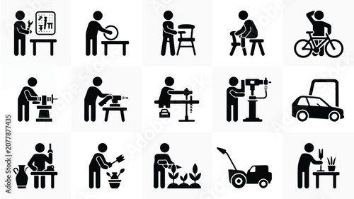 Various people doing different activities and working with tools and machines