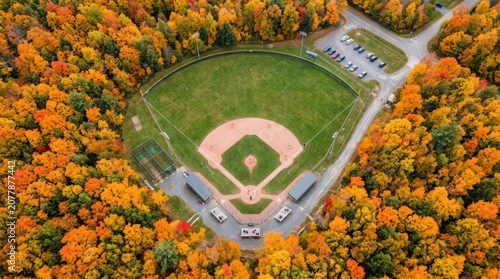 Aerial view of a park field with autumn trees