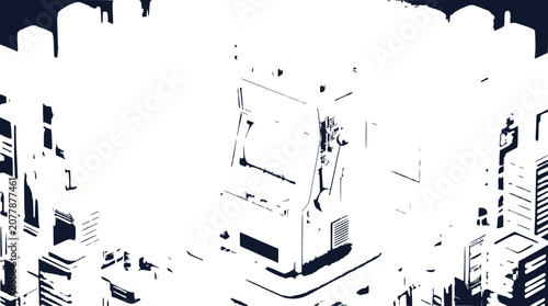 Abstract futuristic cityscape with minimalist geometric buildings and central arcade machine.